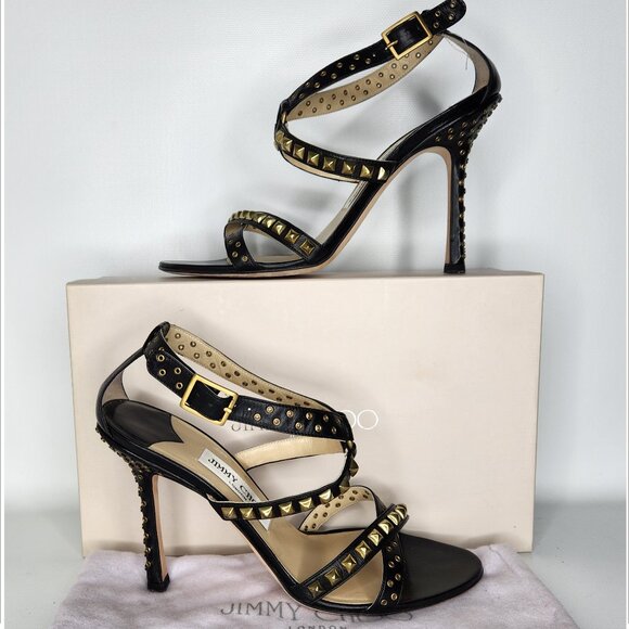 Jimmy Choo Shoes - JIMMY CHOO vintage 38.5 black Leather gold Stud Stiletto strap Sandals Authentic